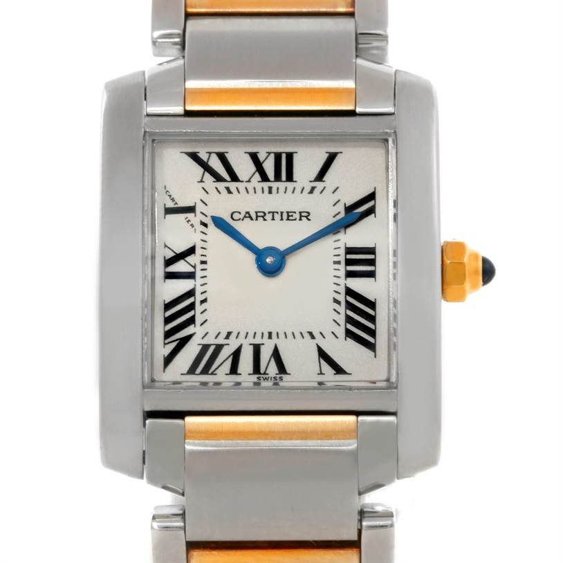 The image shows a close-up frontal view of the Cartier Tank Française watch, highlighting its dial and part of the bracelet.