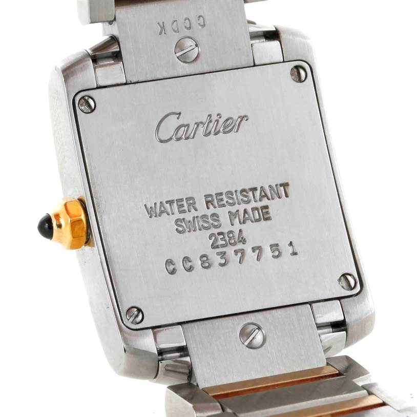 The image shows the back view of a Cartier Tank Francaise W51007Q4 Women's Steel and Gold (two tone) Silver Dial W51007Q4 Women's Steel and Gold (two tone) Silver Dial watch, displaying the case back and part of the bracelet.