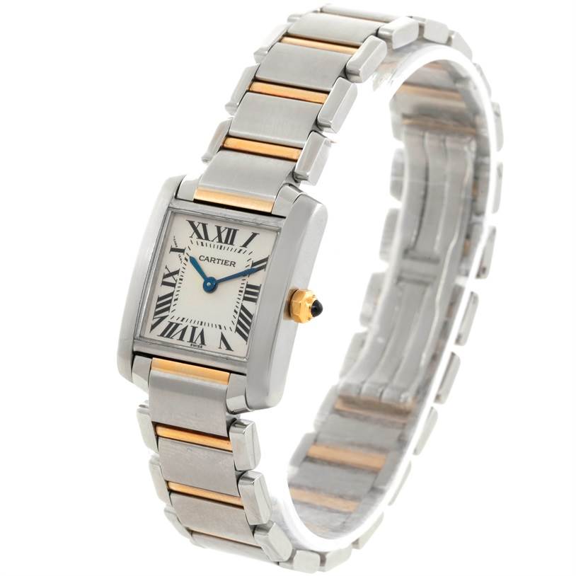 This image shows a Cartier Tank Francaise W51007Q4 Women's Steel and Gold (two tone) Silver Dial W51007Q4 Women's Steel and Gold (two tone) Silver Dial watch from a front and side angle, highlighting the face, crown, and bracelet.