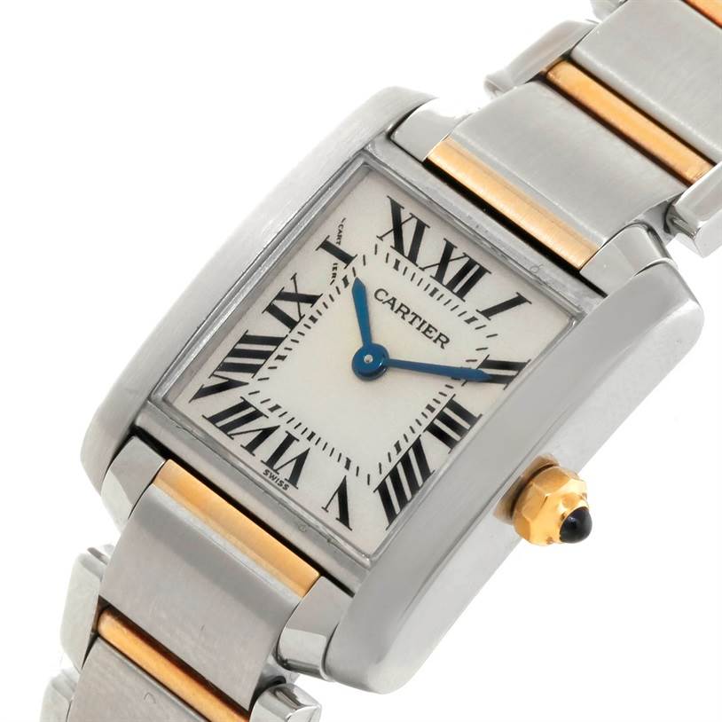 The image shows a close-up, angled view of a Cartier Tank Francaise W51007Q4 Women's Steel and Gold (two tone) Silver Dial W51007Q4 Women's Steel and Gold (two tone) Silver Dial watch, highlighting the dial, crown, and part of the bracelet.