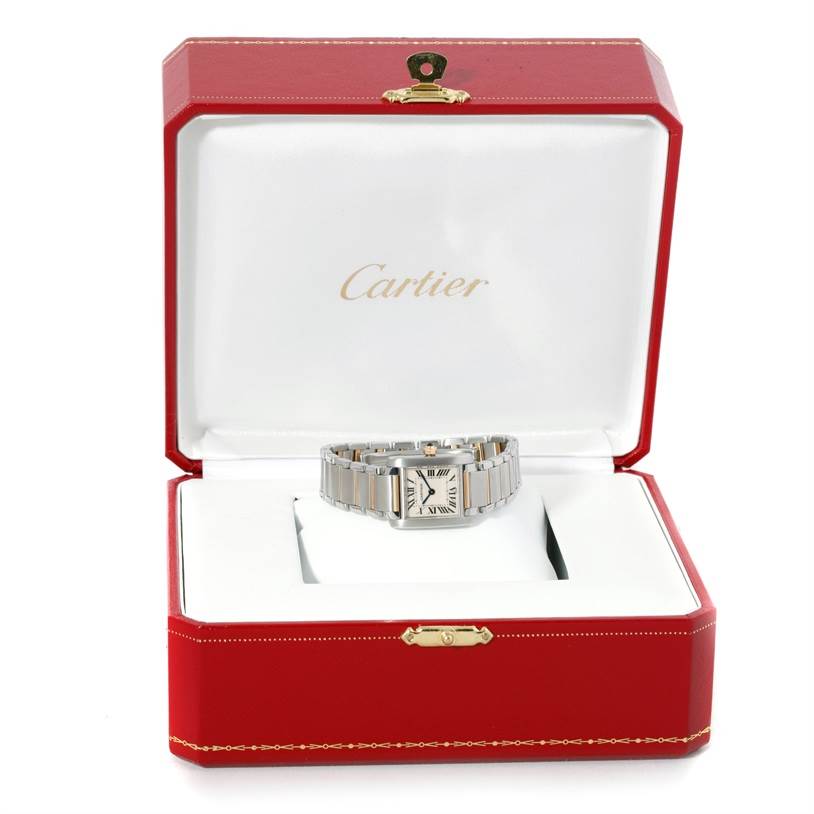 The Cartier Tank Francaise W51007Q4 Women's Steel and Gold (two tone) Silver Dial W51007Q4 Women's Steel and Gold (two tone) Silver Dial watch is shown from the front inside an open Cartier red box.