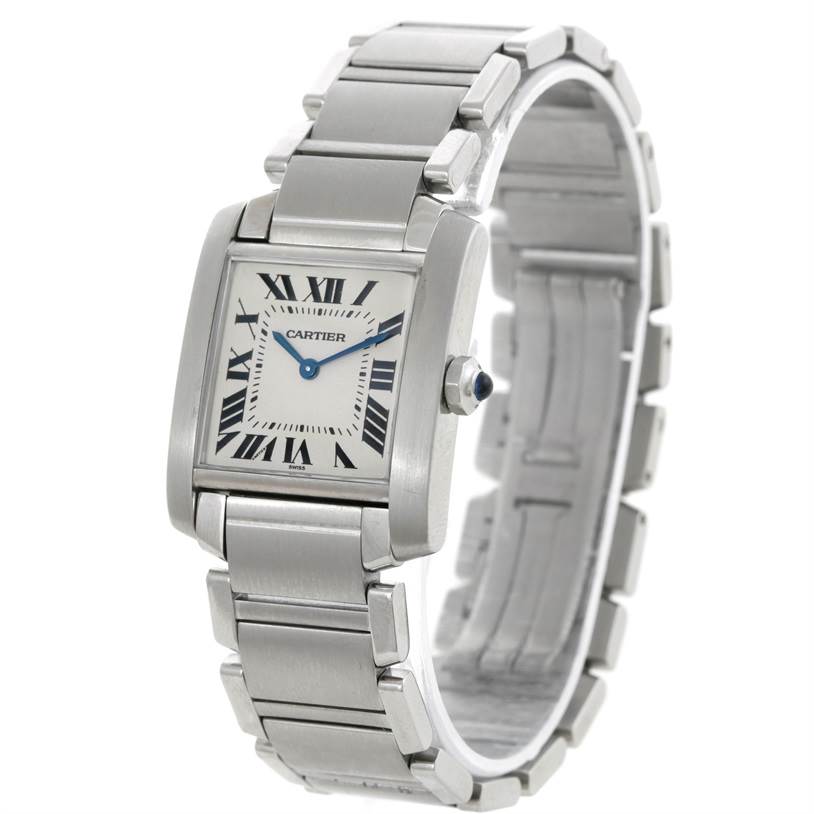 This image shows a Cartier Tank Francaise WSTA0005 Women's Stainless Steel Silver Dial WSTA0005 Women's Stainless Steel Silver Dial watch at a slight angle displaying the face, bezel, and metal bracelet.