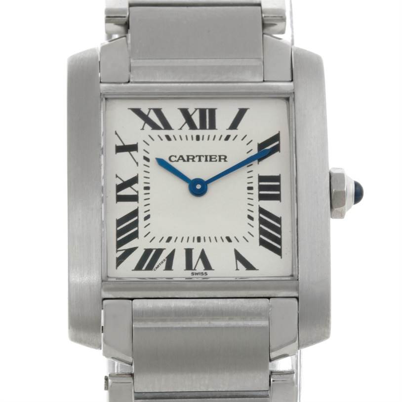 The image shows a close-up of the Cartier Tank Française watch displaying its face, bezel, and part of its bracelet.
