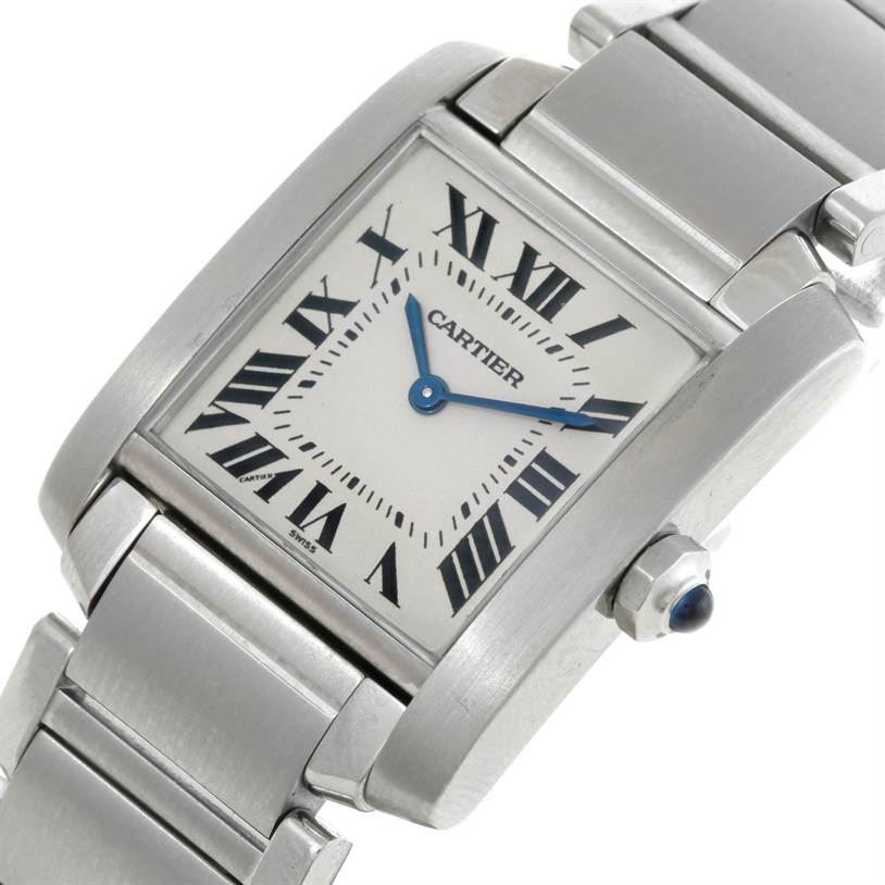This Cartier Tank Francaise WSTA0005 Women's Stainless Steel Silver Dial WSTA0005 Women's Stainless Steel Silver Dial watch is shown at a slight angle, featuring the face, part of the band, and the crown.