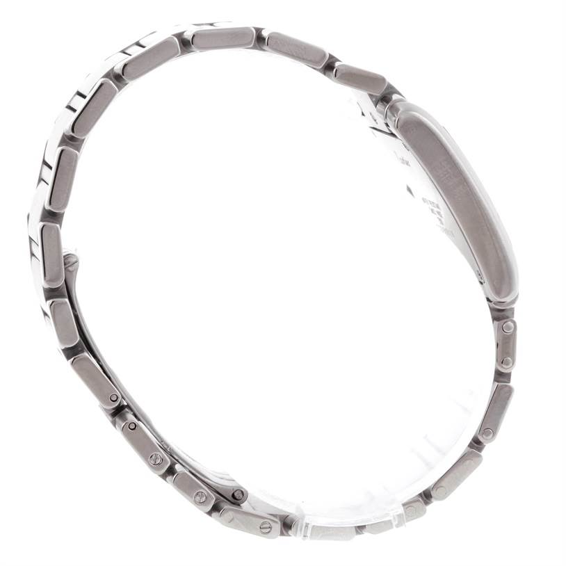 The Cartier Tank Francaise WSTA0005 Women's Stainless Steel Silver Dial WSTA0005 Women's Stainless Steel Silver Dial watch is shown from a side angle, focusing on its metal bracelet and case.
