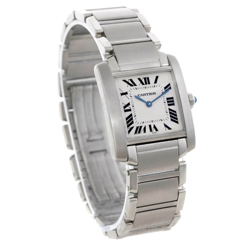 The Cartier Tank Francaise WSTA0005 Women's Stainless Steel Silver Dial WSTA0005 Women's Stainless Steel Silver Dial watch is shown at a slight angle, highlighting its face, bracelet, and crown.