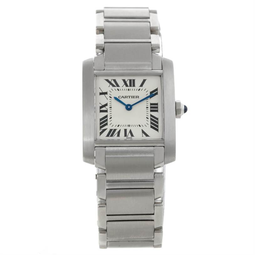 The image shows a straight-on view of the Cartier Tank Française watch including the face, bracelet, and crown.