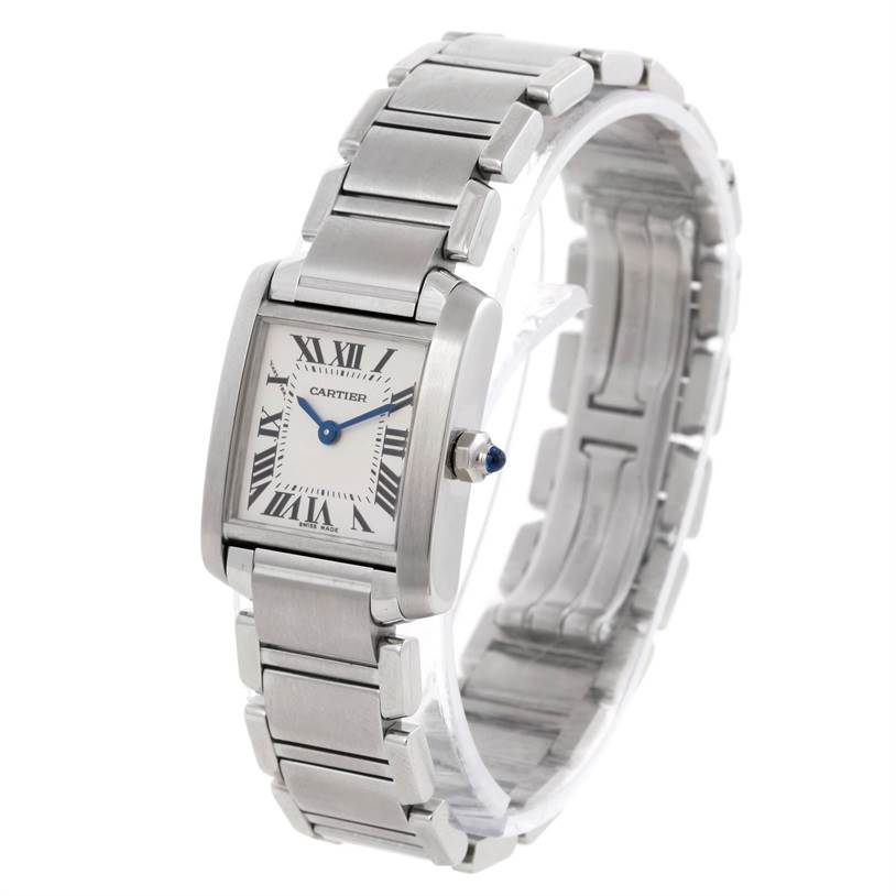 The image shows a front angle view of the Cartier Tank Francaise W51008Q3 Women's Stainless Steel Silver Dial W51008Q3 Women's Stainless Steel Silver Dial watch, highlighting its stainless steel bracelet and rectangular face.