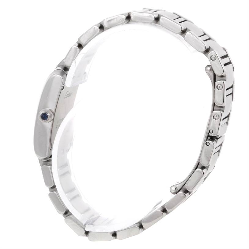 The image displays a side view of the Cartier Tank Francaise W51008Q3 Women's Stainless Steel Silver Dial W51008Q3 Women's Stainless Steel Silver Dial watch, highlighting the bracelet and case, including the cabochon crown.