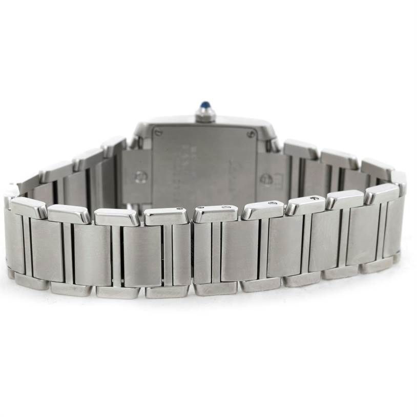 The image shows the back of the Cartier Tank Francaise W51008Q3 Women's Stainless Steel Silver Dial W51008Q3 Women's Stainless Steel Silver Dial watch, focusing mainly on the metal bracelet and clasp.