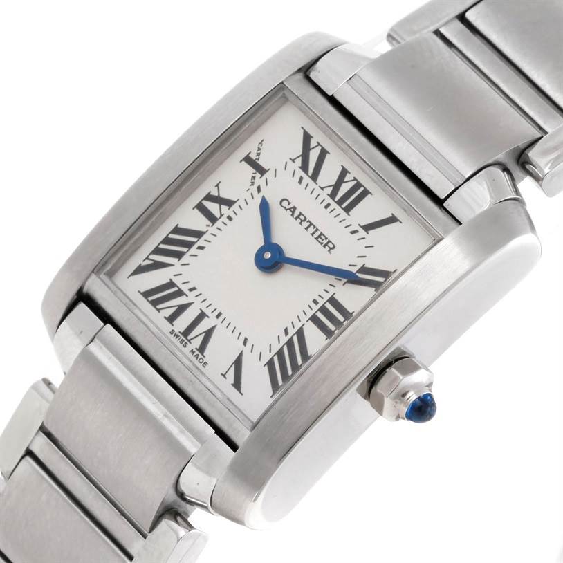 This image shows a close-up angled view of a Cartier Tank Francaise W51008Q3 Women's Stainless Steel Silver Dial W51008Q3 Women's Stainless Steel Silver Dial watch, highlighting its face, bracelet, and crown.