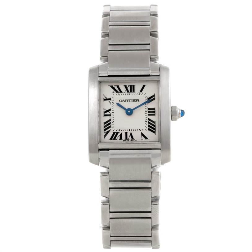 The image shows a front view of the Cartier Tank Francaise W51008Q3 Women's Stainless Steel Silver Dial W51008Q3 Women's Stainless Steel Silver Dial watch, highlighting its face, bracelet, and crown.
