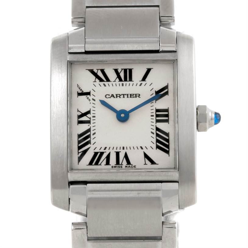 The image displays a front view of a Cartier Tank Francaise W51008Q3 Women's Stainless Steel Silver Dial W51008Q3 Women's Stainless Steel Silver Dial watch, showcasing its face, screw-down bezel, and part of the metal bracelet.