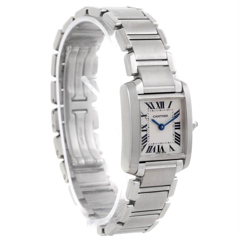 The image shows a side and front view of a Cartier Tank Française watch, highlighting its stainless steel case and bracelet.