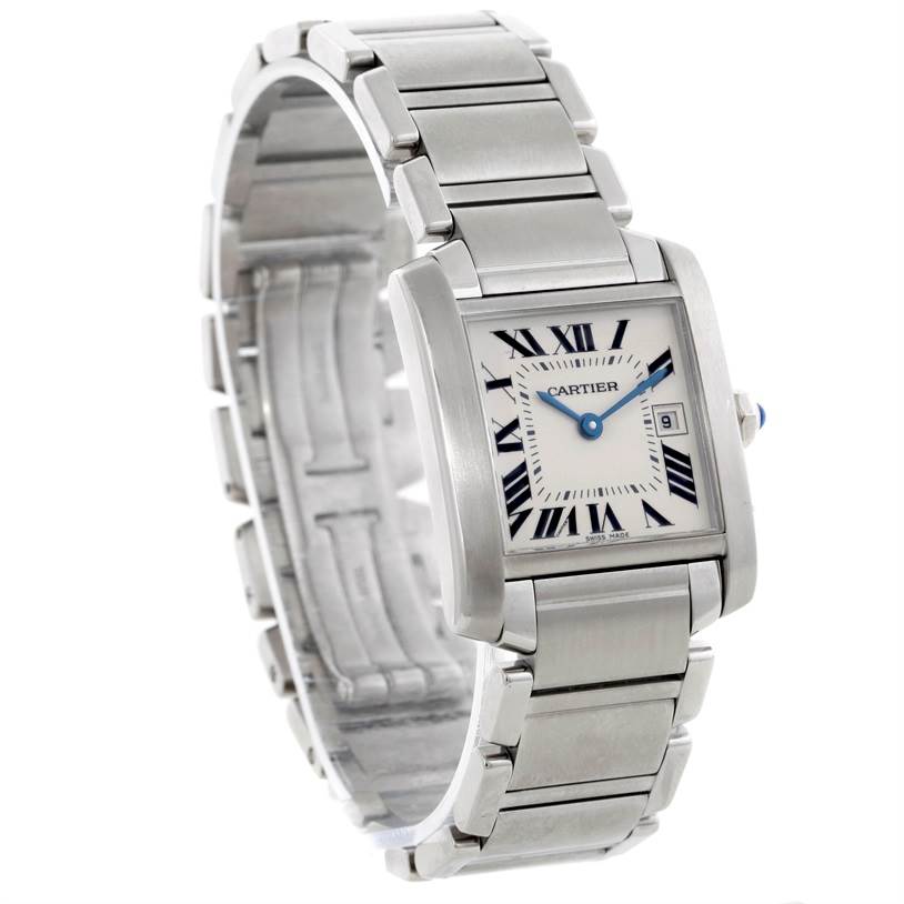 The image shows a Cartier Tank Francaise W51011Q3 Women's Stainless Steel Silver Dial W51011Q3 Women's Stainless Steel Silver Dial watch, displayed at a slight angle, highlighting its rectangular face and metal bracelet.