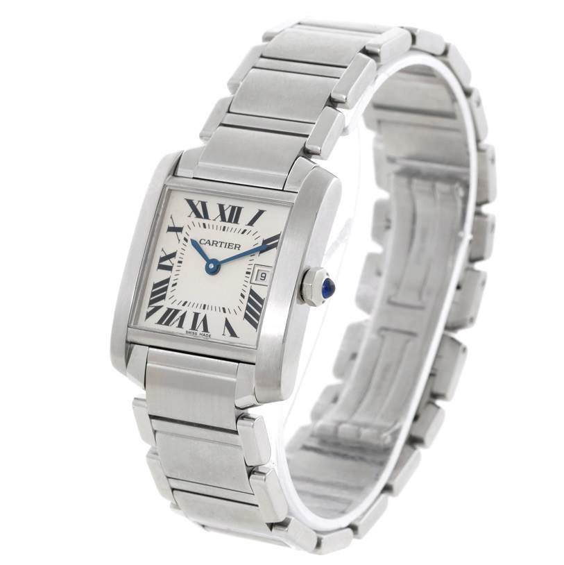 The image shows a Cartier Tank Francaise W51011Q3 Women's Stainless Steel Silver Dial W51011Q3 Women's Stainless Steel Silver Dial watch at a slight angle, displaying its face, bracelet, and crown.