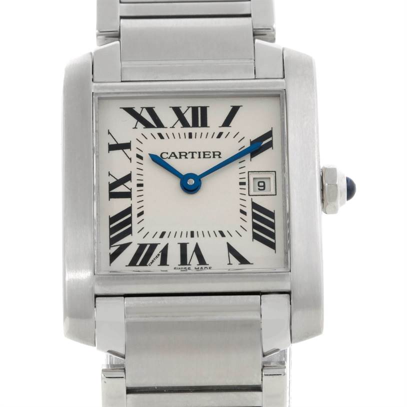 This image shows a full frontal view of the Cartier Tank Française watch, highlighting its face, hands, and part of the metal bracelet.