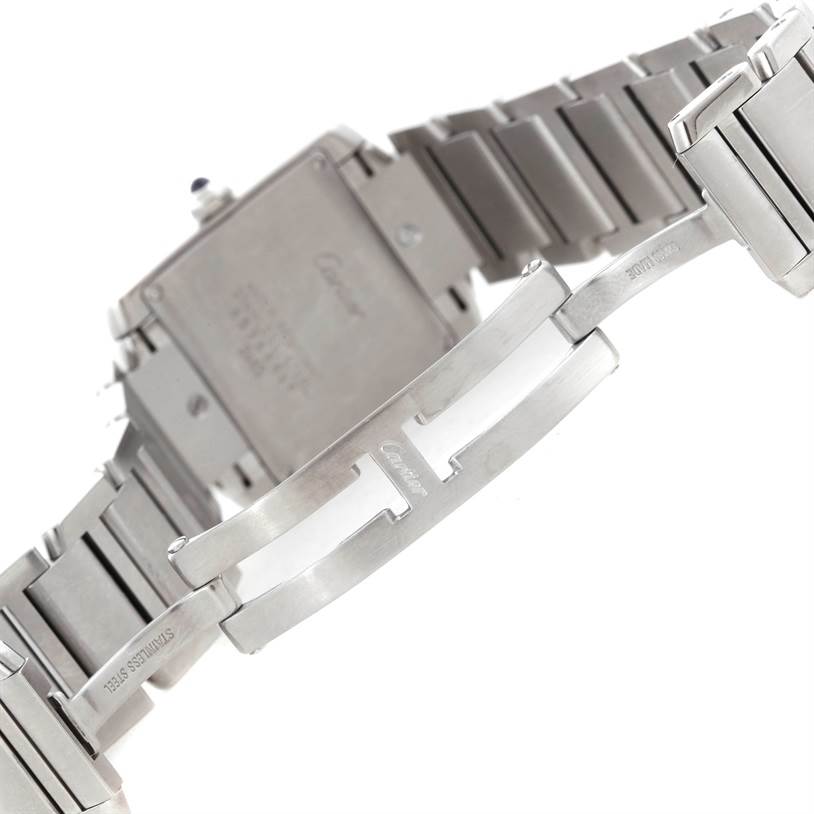 This image shows the back and clasp of the Tank Francaise model by Cartier.