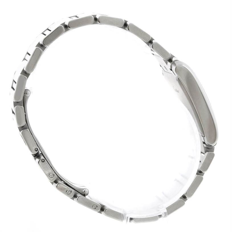 This image shows the side profile of a Cartier Tank Francaise W51011Q3 Women's Stainless Steel Silver Dial W51011Q3 Women's Stainless Steel Silver Dial watch, highlighting its bracelet and case.