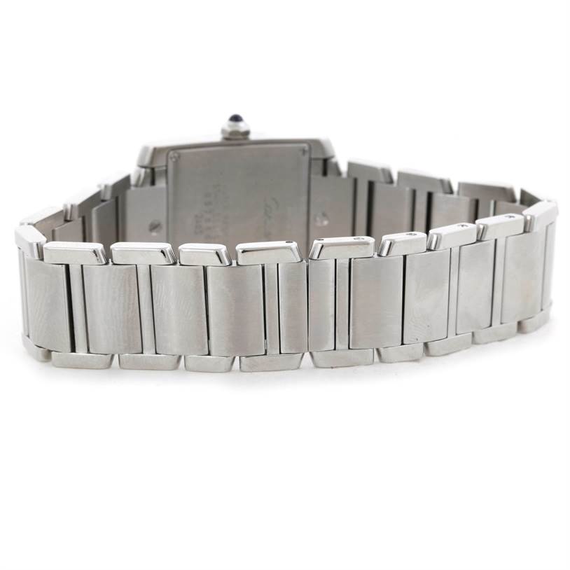 The image shows the back view and bracelet of a Cartier Tank Francaise W51011Q3 Women's Stainless Steel Silver Dial W51011Q3 Women's Stainless Steel Silver Dial watch.