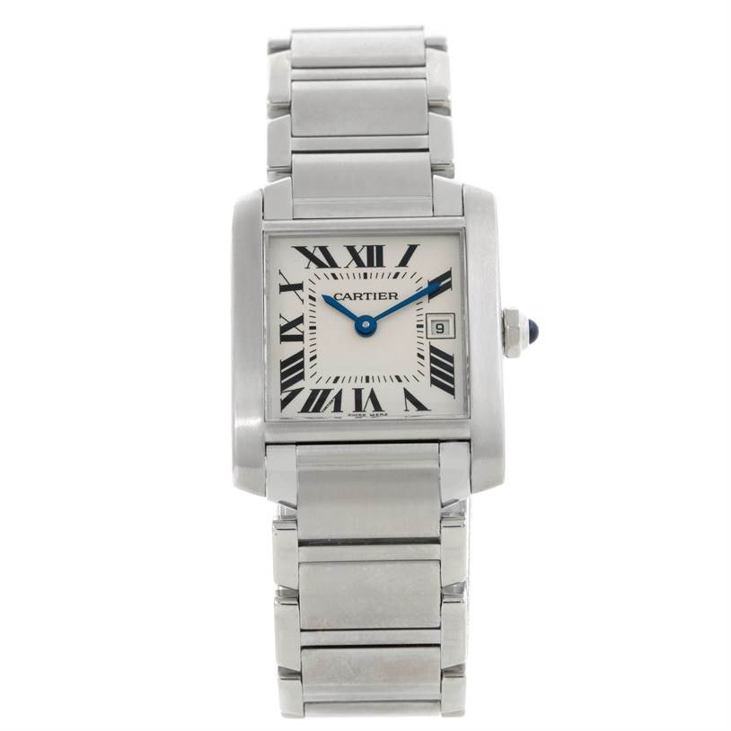 The image shows a Cartier Tank Francaise W51011Q3 Women's Stainless Steel Silver Dial W51011Q3 Women's Stainless Steel Silver Dial watch from a front angle, highlighting the dial and bracelet.