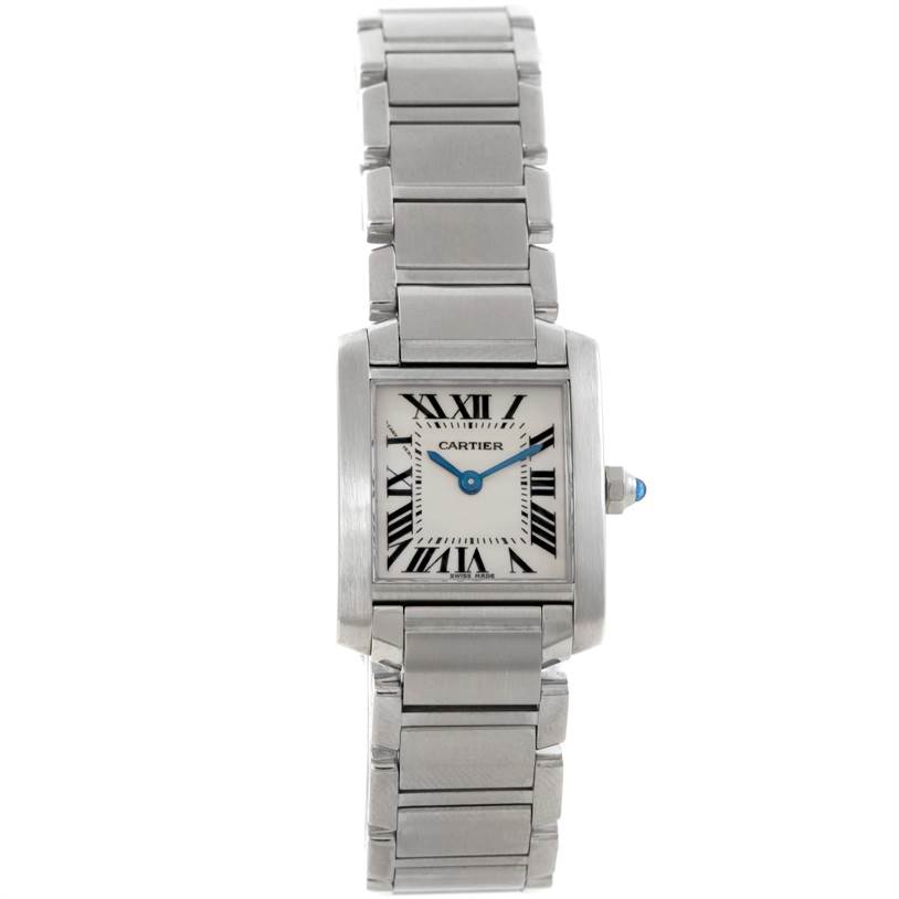 The image shows a Tank Francaise watch by Cartier from a front angle, showcasing its face, bracelet, and clasp.