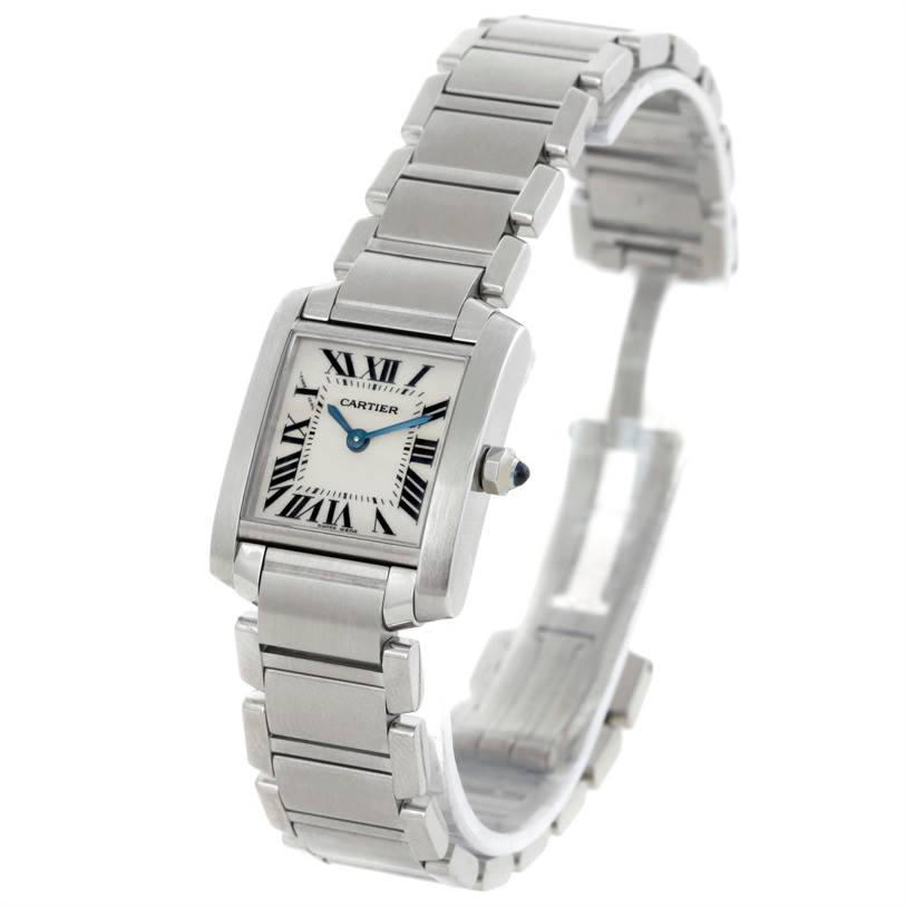 The watch shown is a Cartier Tank Francaise W51008Q3 Women's Stainless Steel Silver Dial W51008Q3 Women's Stainless Steel Silver Dial model captured at a slight angle, displaying the face, bezel, and bracelet.