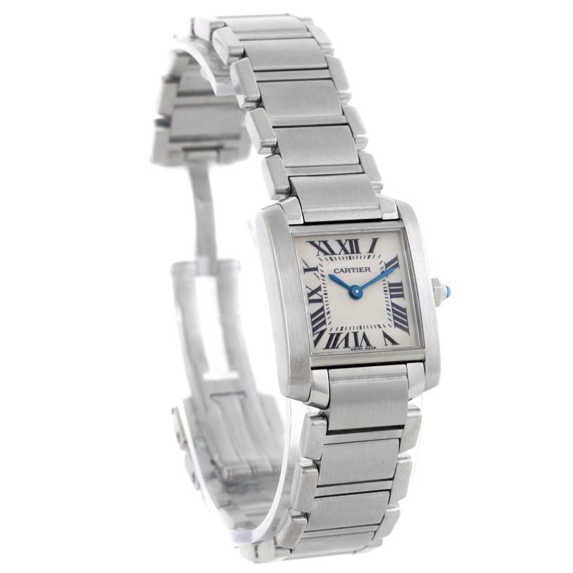 The Cartier Tank Française watch is shown at a quarter-angle with its bracelet partially open.