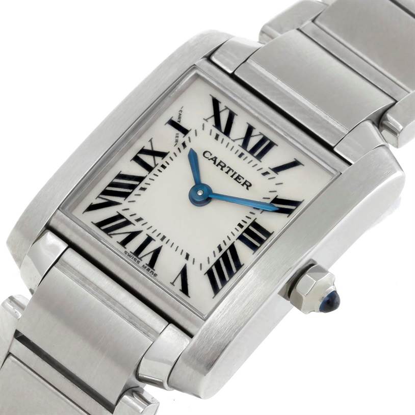The image shows a close-up angled view of the Cartier Tank Francaise W51008Q3 Women's Stainless Steel Silver Dial W51008Q3 Women's Stainless Steel Silver Dial watch face and part of its metal bracelet.