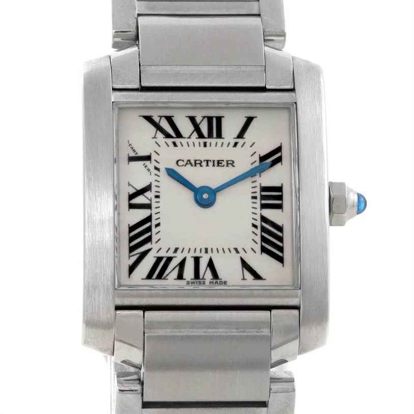 The image shows a front view of the Cartier Tank Francaise W51008Q3 Women's Stainless Steel Silver Dial W51008Q3 Women's Stainless Steel Silver Dial watch, featuring its face, bezel, and part of its bracelet.
