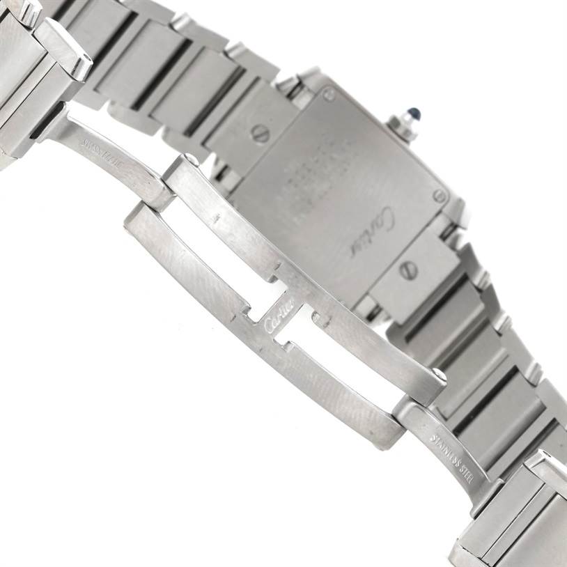 This image shows the back view and stainless steel bracelet of a Cartier Tank Francaise W51008Q3 Women's Stainless Steel Silver Dial W51008Q3 Women's Stainless Steel Silver Dial watch, including a partially open clasp.
