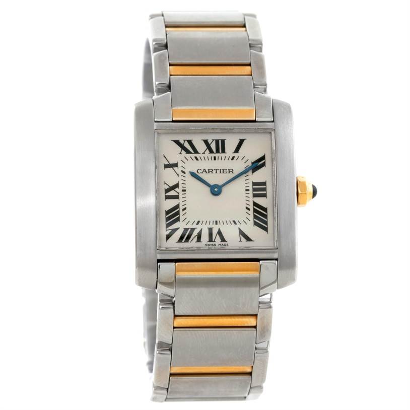 The image shows a front view of a Cartier Tank Française watch, highlighting the face, roman numerals, and the two-tone metal bracelet.