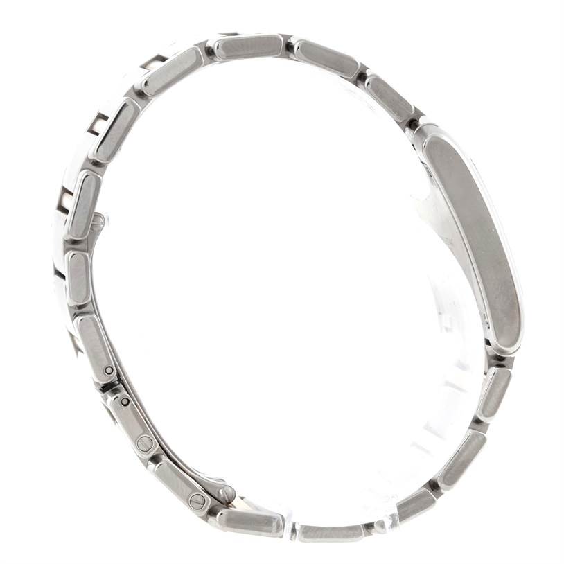 The image shows a side view of the Tank Francaise model watch by Cartier, focusing on the strap and side of the case.