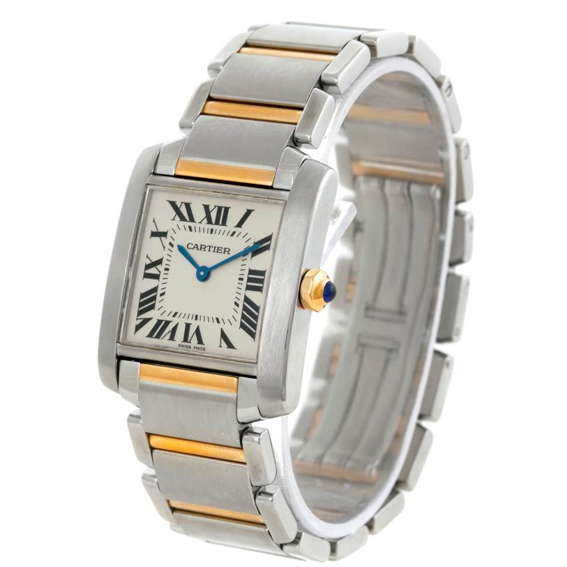 The image shows a Cartier Tank Francaise W51012Q4 Women's Steel and Gold (two tone) Silver Dial W51012Q4 Women's Steel and Gold (two tone) Silver Dial watch angled to display the face, crown, and part of the bracelet.