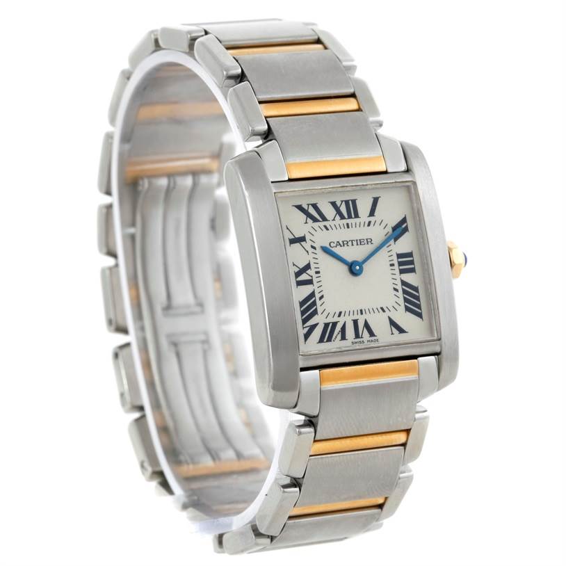 The image shows a Cartier Tank Francaise W51012Q4 Women's Steel and Gold (two tone) Silver Dial W51012Q4 Women's Steel and Gold (two tone) Silver Dial watch at a front-left angle, highlighting its rectangular face and metal bracelet.