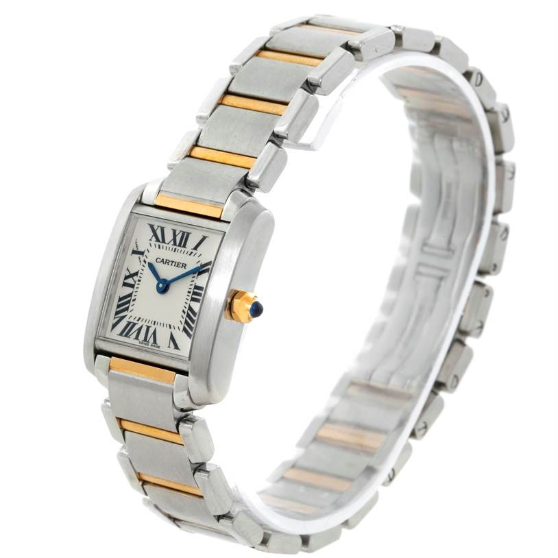 This image shows a side angle of the Cartier Tank Francaise W51007Q4 Women's Steel and Gold (two tone) Silver Dial W51007Q4 Women's Steel and Gold (two tone) Silver Dial watch, displaying the face, bracelet, and crown.