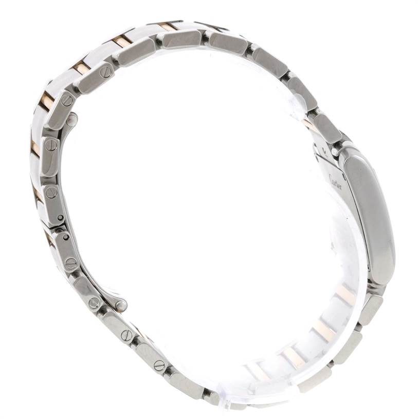 The image shows a side view of the Cartier Tank Francaise W51007Q4 Women's Steel and Gold (two tone) Silver Dial W51007Q4 Women's Steel and Gold (two tone) Silver Dial watch, focusing on its bracelet and case.