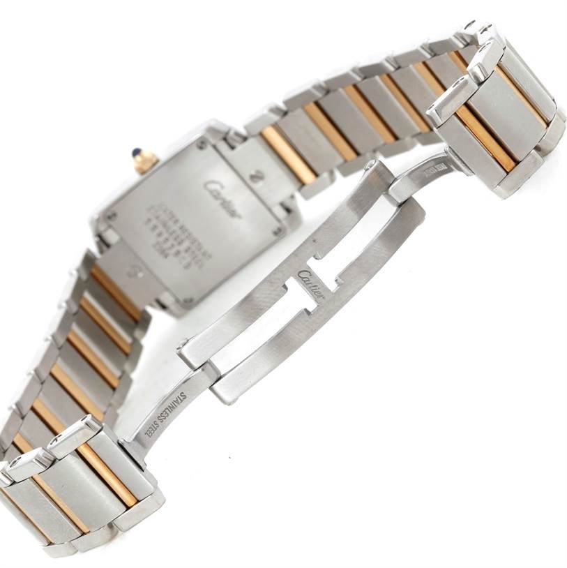 The image shows the back view and clasp of the Cartier Tank Francaise W51007Q4 Women's Steel and Gold (two tone) Silver Dial W51007Q4 Women's Steel and Gold (two tone) Silver Dial watch, highlighting its stainless steel and gold bracelet.