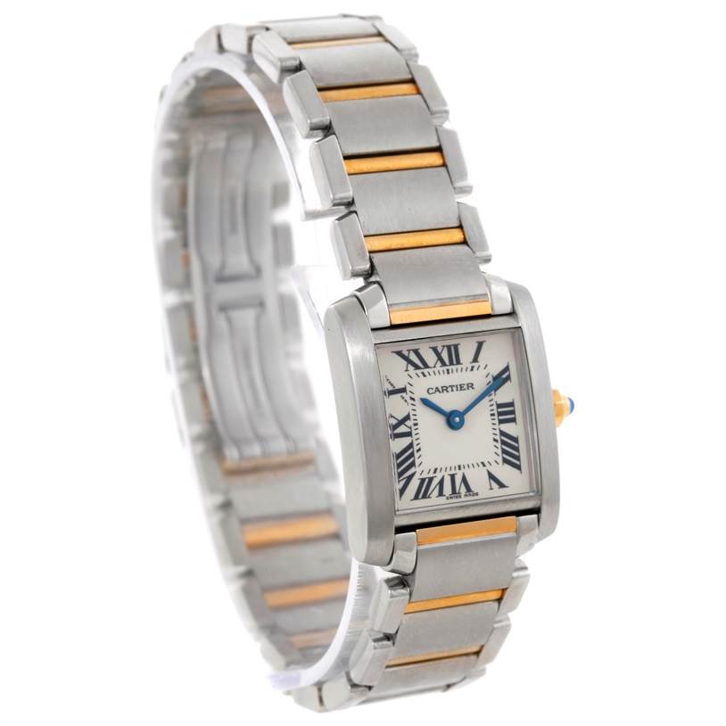 This image shows the Cartier Tank Française watch at an angle showcasing the face, bezel, and part of the bracelet.