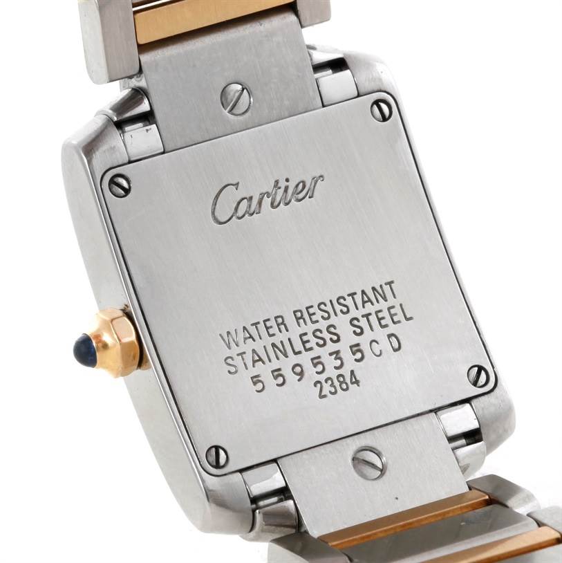 This image shows the back and part of the bracelet of a Cartier Tank Francaise W51007Q4 Women's Steel and Gold (two tone) Silver Dial W51007Q4 Women's Steel and Gold (two tone) Silver Dial watch.