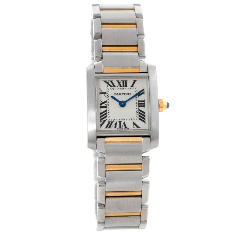 The image shows a full frontal view of a Cartier Tank Francaise W51007Q4 Women's Steel and Gold (two tone) Silver Dial W51007Q4 Women's Steel and Gold (two tone) Silver Dial watch, showcasing its face, bezel, and bracelet.