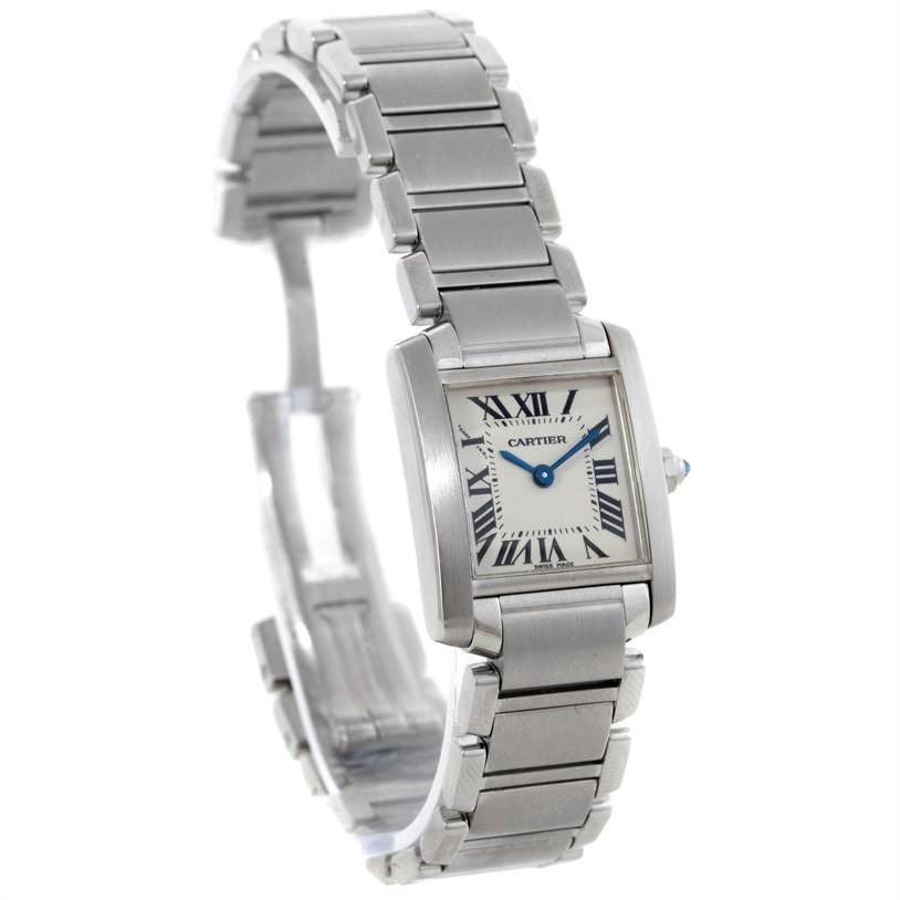 This image shows a Cartier Tank Francaise W51008Q3 Women's Stainless Steel Silver Dial W51008Q3 Women's Stainless Steel Silver Dial watch from a front angle, displaying its rectangular face, Roman numerals, and stainless steel bracelet.