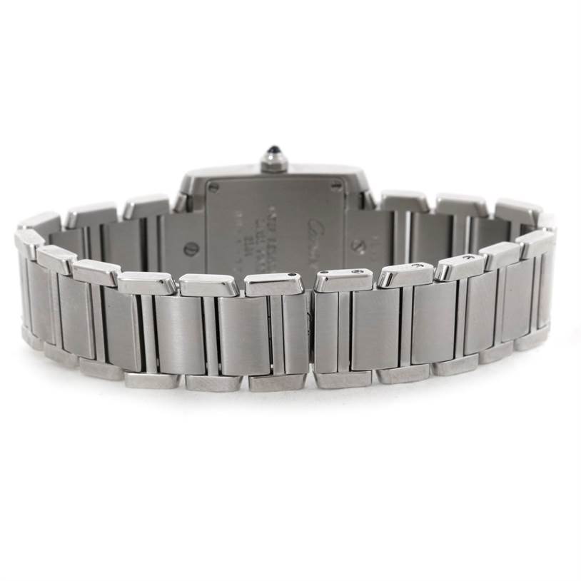 The image shows the back view of the Cartier Tank Francaise W51008Q3 Women's Stainless Steel Silver Dial W51008Q3 Women's Stainless Steel Silver Dial watch, focusing on the stainless steel bracelet and case back.