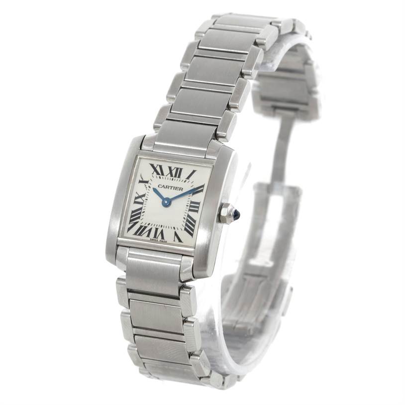 The image shows a Cartier Tank Francaise W51008Q3 Women's Stainless Steel Silver Dial W51008Q3 Women's Stainless Steel Silver Dial model watch at a slightly angled perspective, highlighting its bracelet and square face.