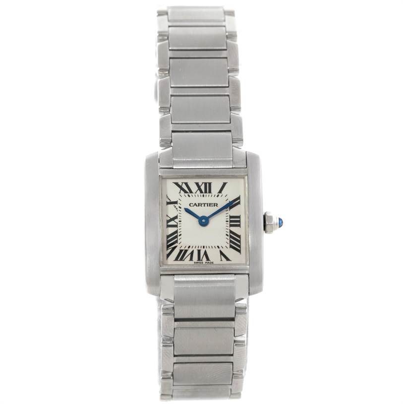 This image shows a front view of a Cartier Tank Française watch, displaying the face, bracelet, and crown.