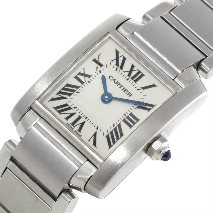 This Cartier Tank Francaise W51008Q3 Women's Stainless Steel Silver Dial W51008Q3 Women's Stainless Steel Silver Dial watch is shown from an angled close-up, displaying the face, Roman numerals, and part of the metal bracelet.