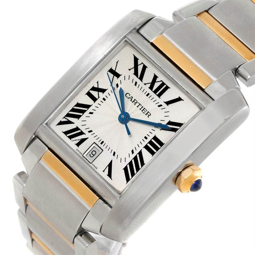 The image shows a close-up, angled view of the Cartier Tank Française watch, highlighting the face, bezel, crown, and part of the bracelet.