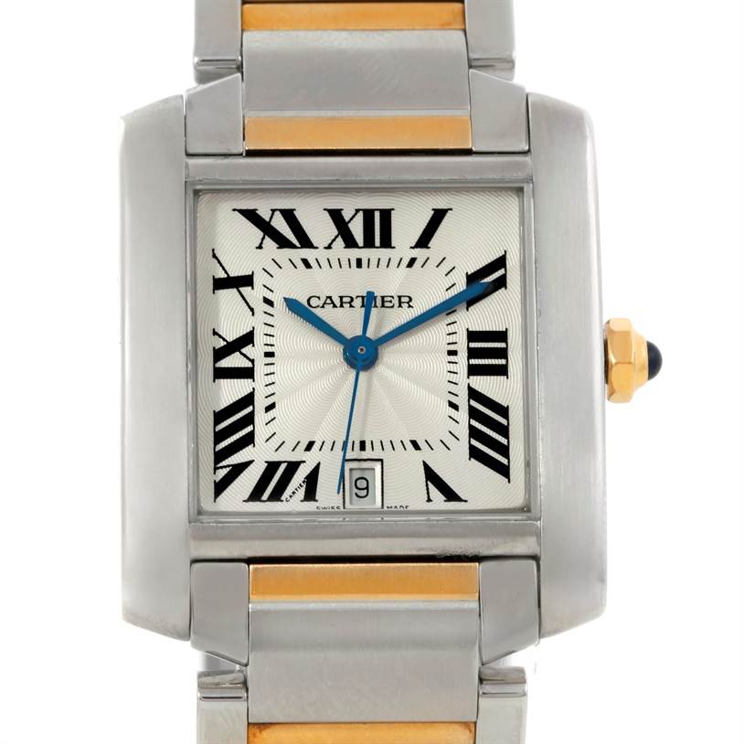 This Cartier Tank Française watch is shown from a front angle, displaying the face, bezel, and part of the bracelet.