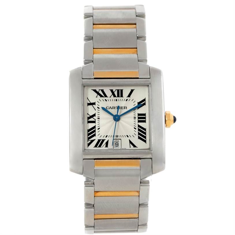 This image shows a front view of the Cartier Tank Francaise W51005Q4 Steel and Gold (two tone) Silver Dial W51005Q4 Steel and Gold (two tone) Silver Dial watch, highlighting the face, case, and two-tone bracelet.