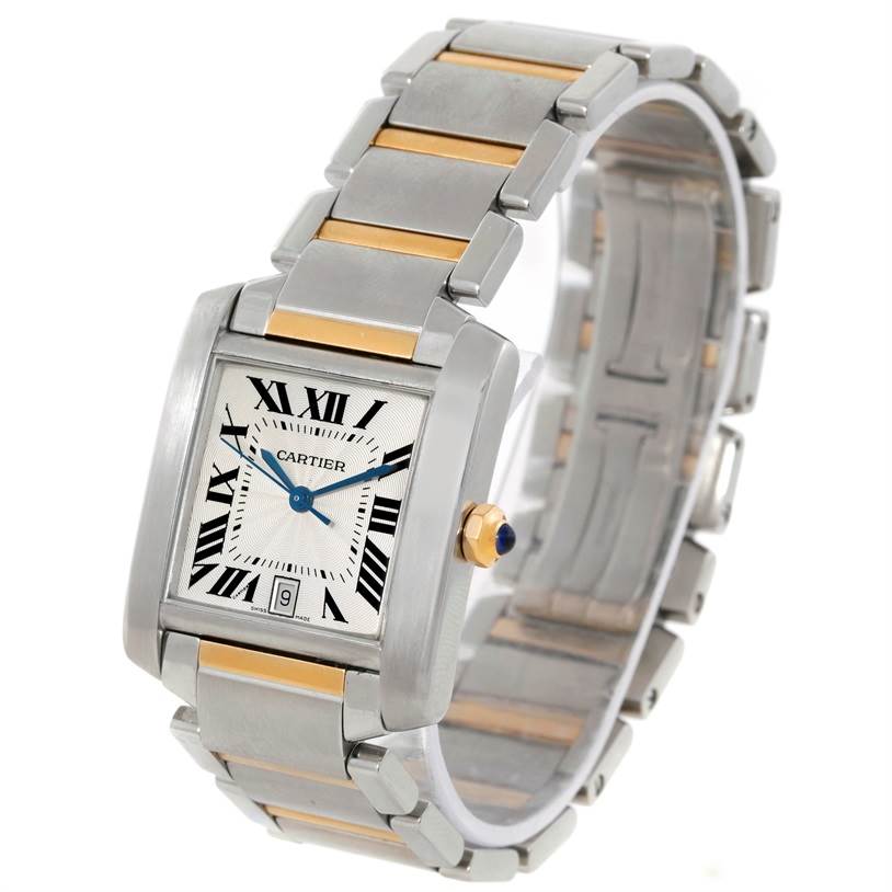 The Cartier Tank Francaise W51005Q4 Steel and Gold (two tone) Silver Dial W51005Q4 Steel and Gold (two tone) Silver Dial watch is shown at a front angle, highlighting its bracelet, rectangular face, Roman numerals, and crown detailing.
